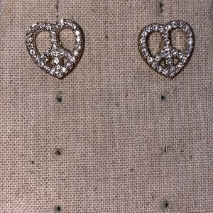 SILVER HEART SHAPE PEACE  SIGN PAVE STUD EARRINGS